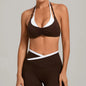 Women's Gym Workout Two-color Yoga Sports Bras Halter Neck Open Back Design Sports Tank Top Running Fitness Built-in Bra Cups - Brown -