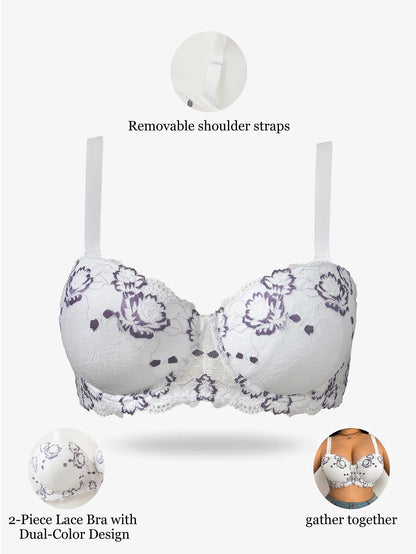 Daily Wide Strap Plus Size Women Bra Lace & Embroidery Push up Bra Comfort Thin Cup Underwire Support Lingerie Bra - -