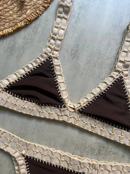 Sexy Black Patchwork Hand Crochet Bikini Set Women 2026 V Neck Push Up Bra Thong Swimsuit Beach Bathing Suit Knitted Swimwear - -