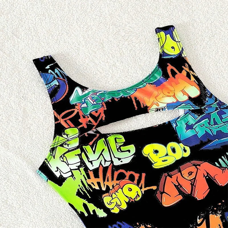 Vintage Yellow Abstract Print One Piece Swimsuit 2024 Women Hollow Out Holiday Bathing Suit Tummy Control Swimwear Beachwear - -