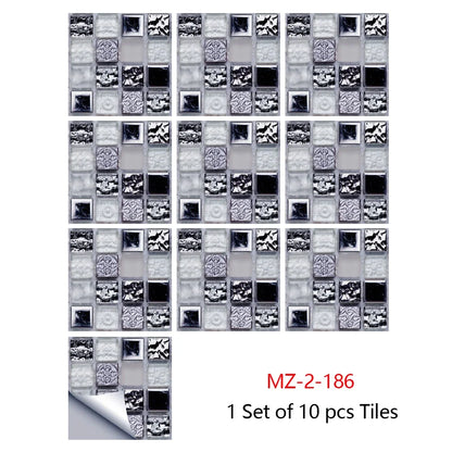 10pcs Mosaic Hard Tiles Sticker 2d Peel & Stick silver grey black