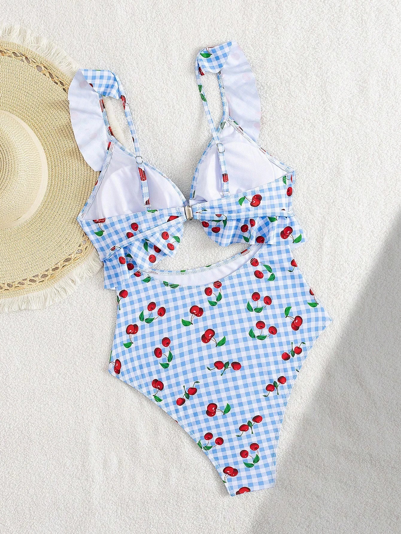 Vintage Pink Starberry Print One Piece Swimsuit 2026 Women Ruffles Bandage Cross High Waist Bikini Beach Bathing Suit Swimwear - -