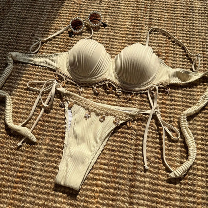 Sexy Shell Starfish Ornament Bikinis Sets Women White Ruffles Push Up Underwire Thong Swimsuit 2025 Beach Bathing Suit Swimwear - -