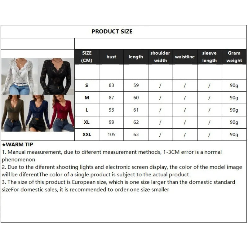 Women Sexy Base Layer Shirt Solid Black Sheer Lace Top Slim Flower Scallop Trim V Neck Long Sleeve T-shirt Trendy Tight Lace Top - -