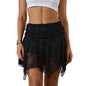 Womens Solid Color Summer Short Skirts Floral Lace Sheer Asymmetric Frill Hem Soft Lined Waist Ruched Mini Low Rise Skirts - black -