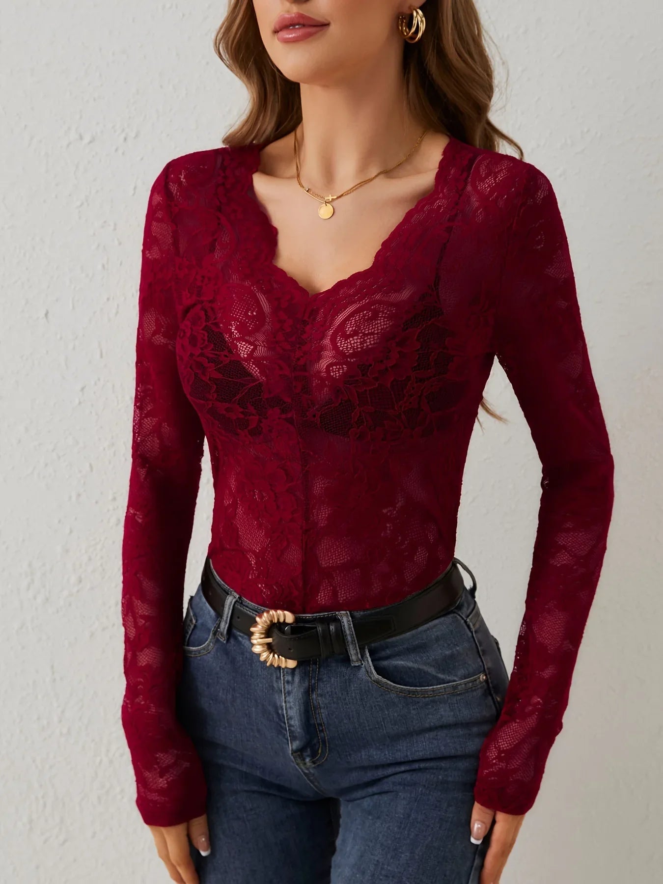 Women Sexy Base Layer Shirt Solid Black Sheer Lace Top Slim Flower Scallop Trim V Neck Long Sleeve T-shirt Trendy Tight Lace Top - -