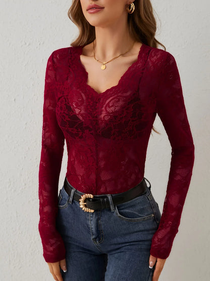 Women Sexy Base Layer Shirt Solid Black Sheer Lace Top Slim Flower Scallop Trim V Neck Long Sleeve T-shirt Trendy Tight Lace Top - -