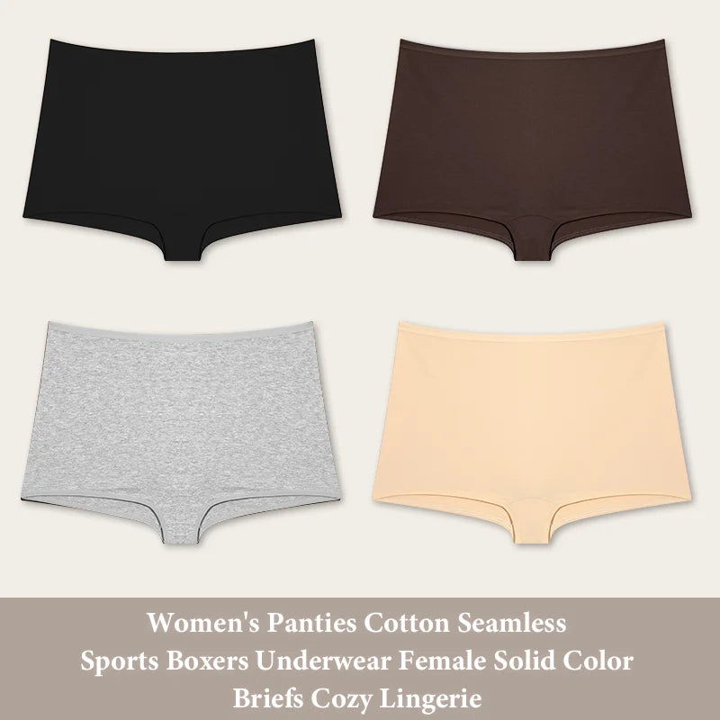 4PCS Women's Panties Cotton Seamless Sports Boxers Underwear Female Solid Color Briefs Cozy Lingerie Intimate Underpants XS-XL - Set 4 -