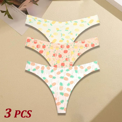 3Pcs Ultra-thin Seamless G-string Women Thongs Sexy Sweet Fruit Low-waist Panties Ladies Soft Cute Thongs Female S-XL T-Back - Set 5 -