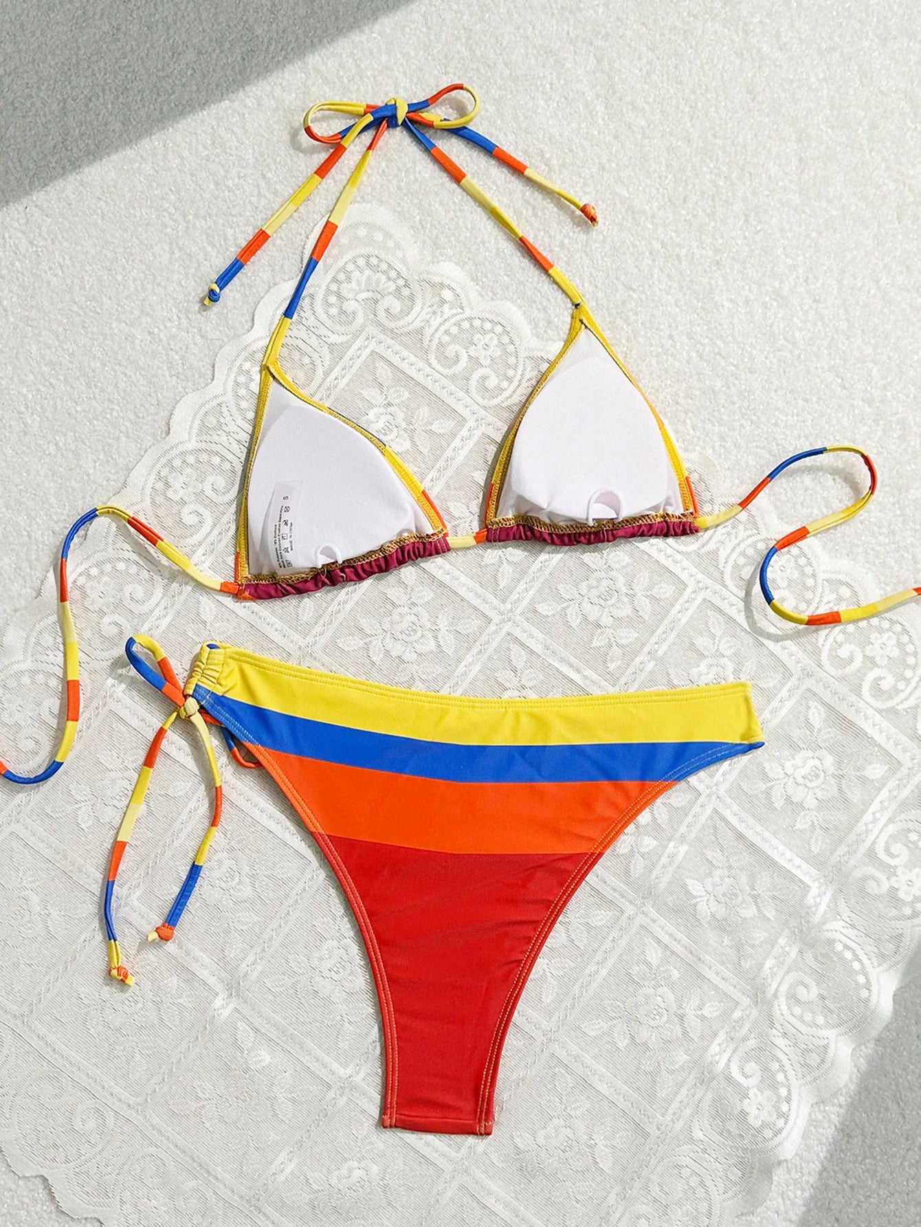 Women's Rainbow Color Bikini Set Sexy Beach Vacation Backless 2 Piece Swimsuit 2024 Summer Bathing Suit Bra Push Up Swimwear - -