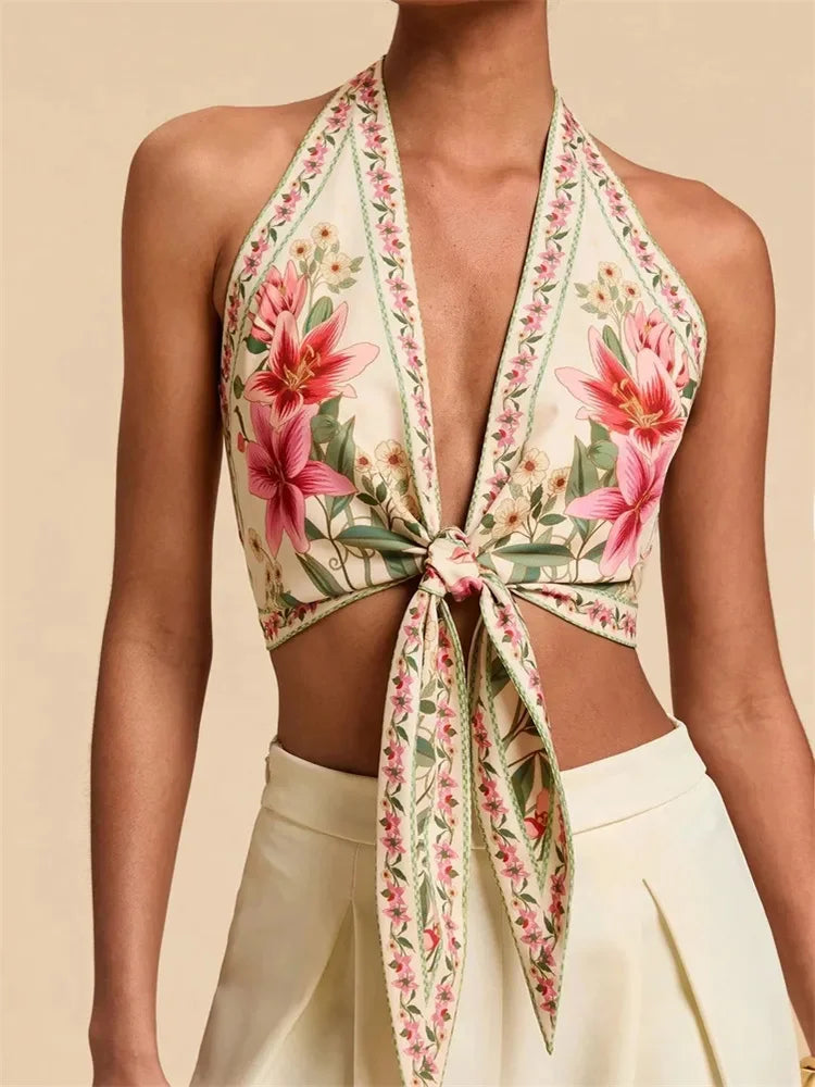 Sexy Knot Front Halter Crop Top for Women Summer Sleeveless Graphic Floral Printed V-neck Backless Tank Top Y2K Clothes - Mixed Color -