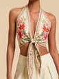 Sexy Knot Front Halter Crop Top for Women Summer Sleeveless Graphic Floral Printed V-neck Backless Tank Top Y2K Clothes - Mixed Color -