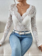 Women Sexy Base Layer Shirt Solid Black Sheer Lace Top Slim Flower Scallop Trim V Neck Long Sleeve T-shirt Trendy Tight Lace Top - White -