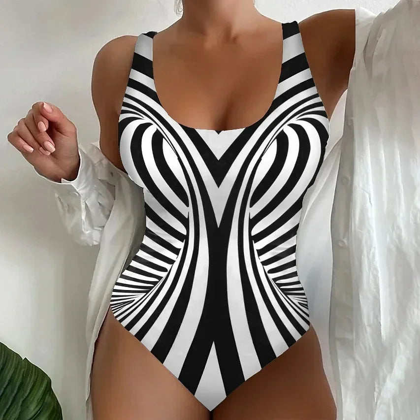 Vintage Abstract Print One Piece Swimsuit Women 2025 Black White Striped Tummy Control Large Size Swimwear Bathing Suit Monokini - WHITE -