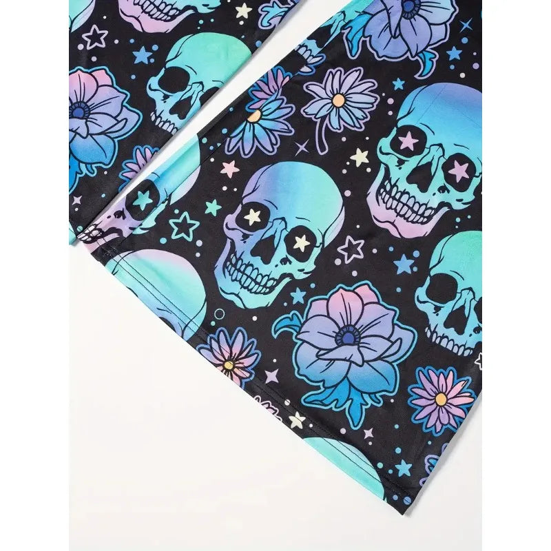 Hallowmas Skull Flower Print Pants Woman 2025 Plus Size Elastic Waist Wide Leg Pant Casual Large Full-length Trousers - -