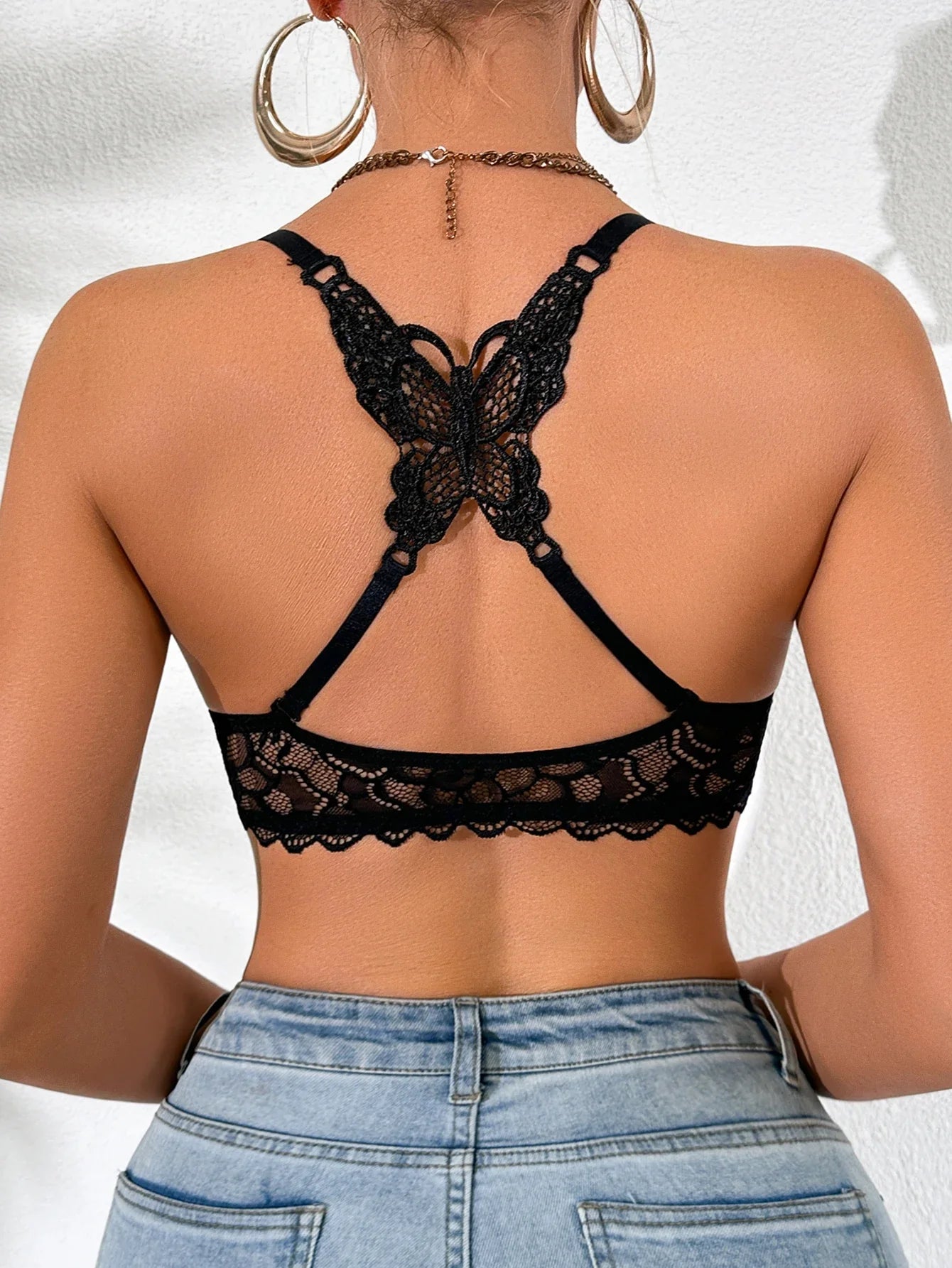 Women's sexy bras Front Buckle Push up bra Removable Back-beautifying lace butterfly pattern Fashionable & Comfortable bra - black -