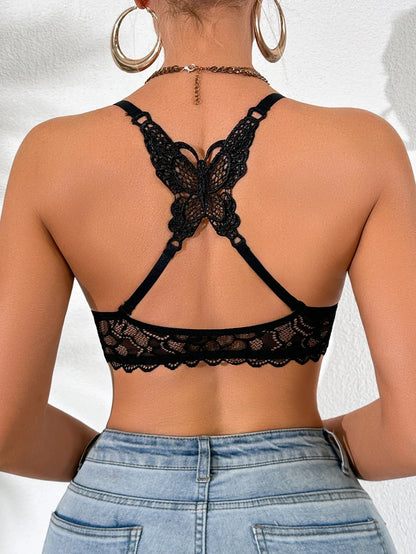 Women's sexy bras Front Buckle Push up bra Removable Back-beautifying lace butterfly pattern Fashionable & Comfortable bra - black -