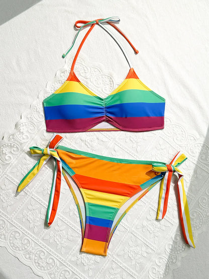 Women's Rainbow Color Bikini Set Sexy Beach Vacation Backless 2 Piece Swimsuit 2024 Summer Bathing Suit Bra Push Up Swimwear - -