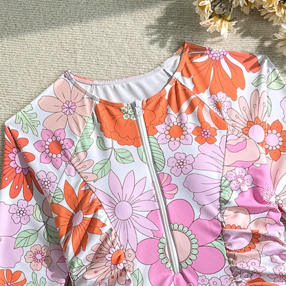 Vintage Pink Floral Print Swimwear Women 2026 Front Zipper Long Sleeve Sunscreen One Piece Swimsuit Bathing Suit Surf Monokini - -