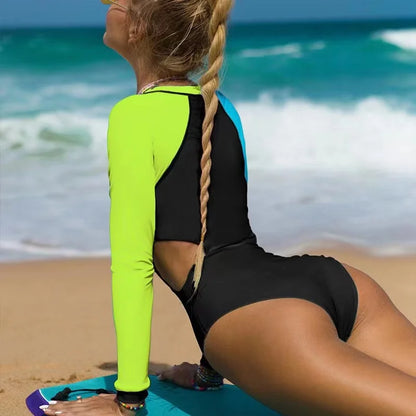 2024 New One Piece Surfing Swimsuit For Women Sexy Swimming Suit Patchwork Long Sleeves Swimwear Monokini Cut-Out Bathing Suit - -