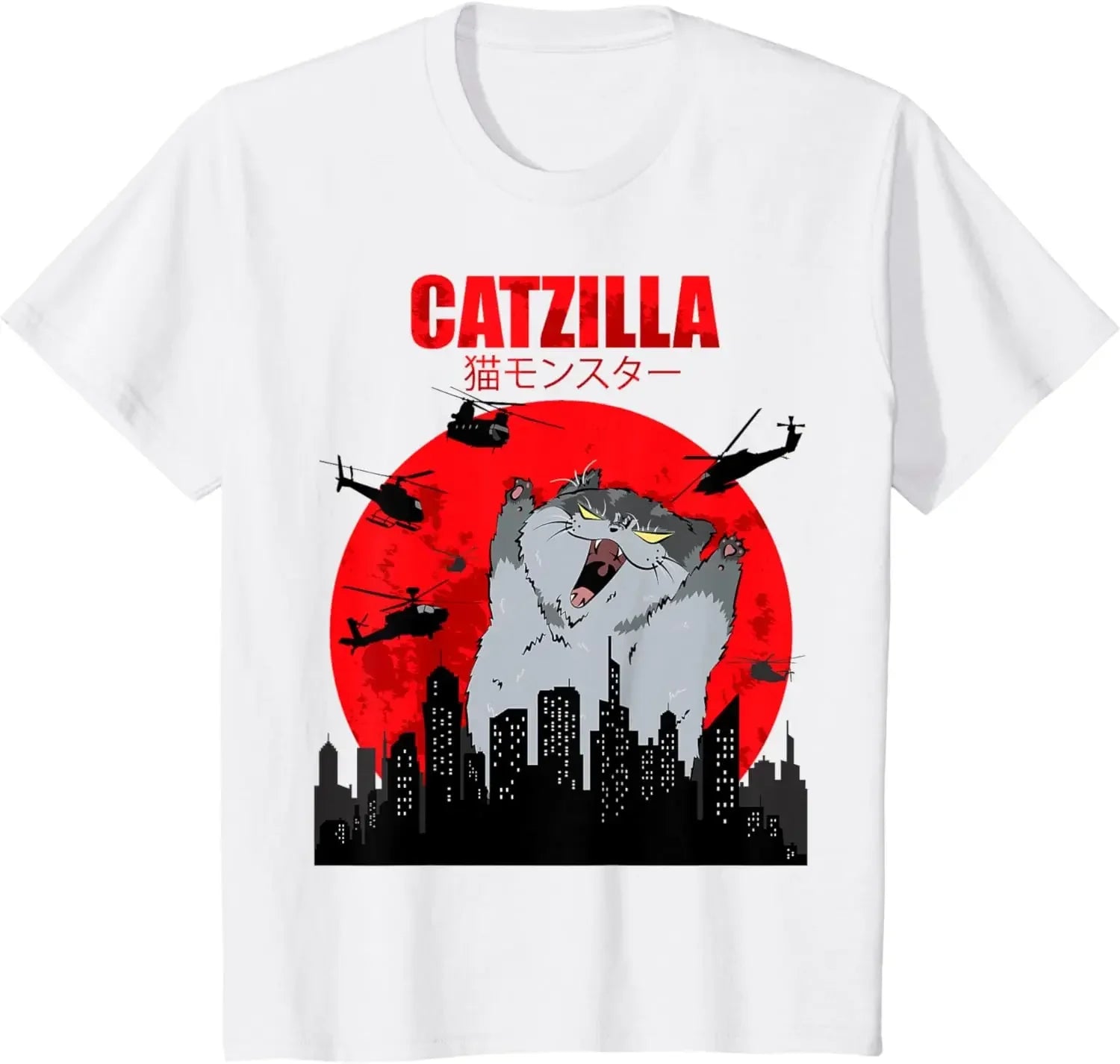 Funny Cute Art Japanese Cat Graphic for Cat Lover Catzilla T-Shirt Graphic T Shirts Women's Clothing Fashion - QL499A-White -