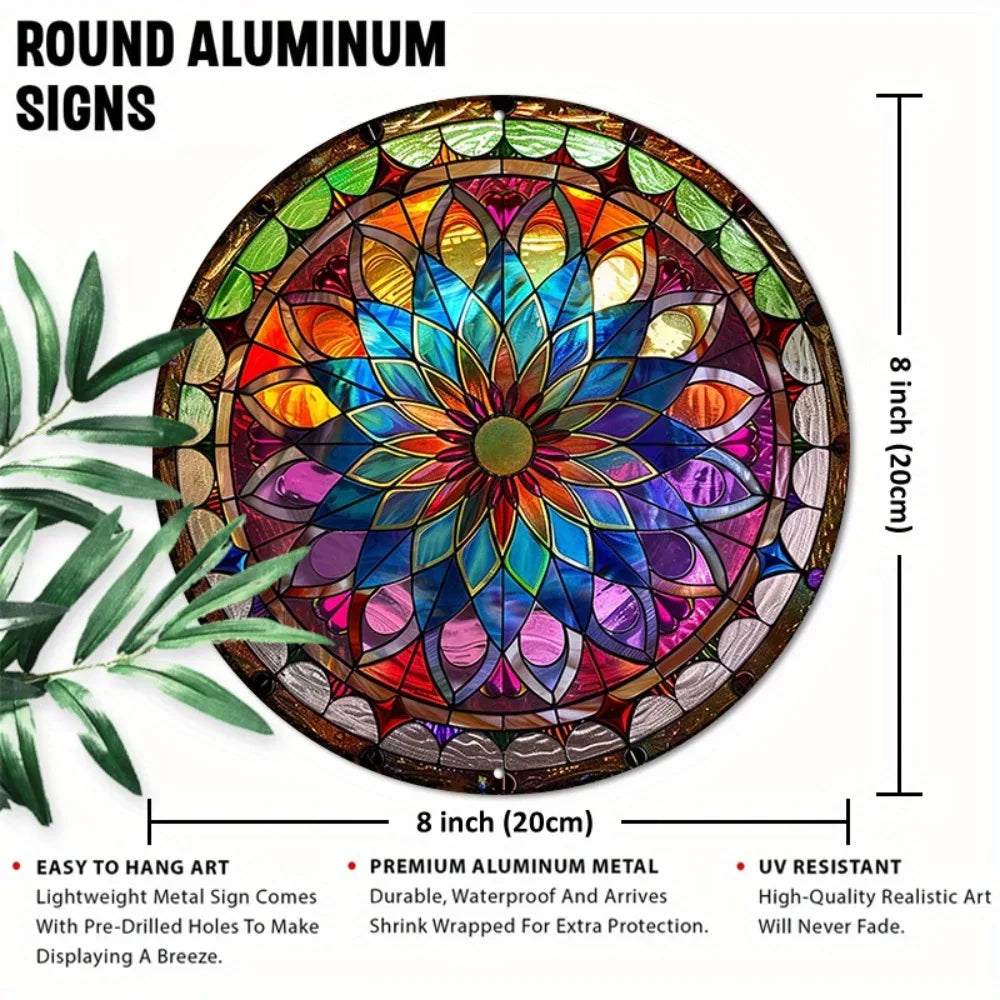 8" Round Mandala Aluminum Art Sign - UV-Resistant Waterproof Wall Decor, Art Nouveau Living Room Patio Art - -