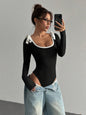 Women's Casual Color Block Slim Fit Long Sleeve Bodysuit Commuting Tie-Strap Decorate Rib-Knit Bodysuit Spring/Fall 2026 - black -