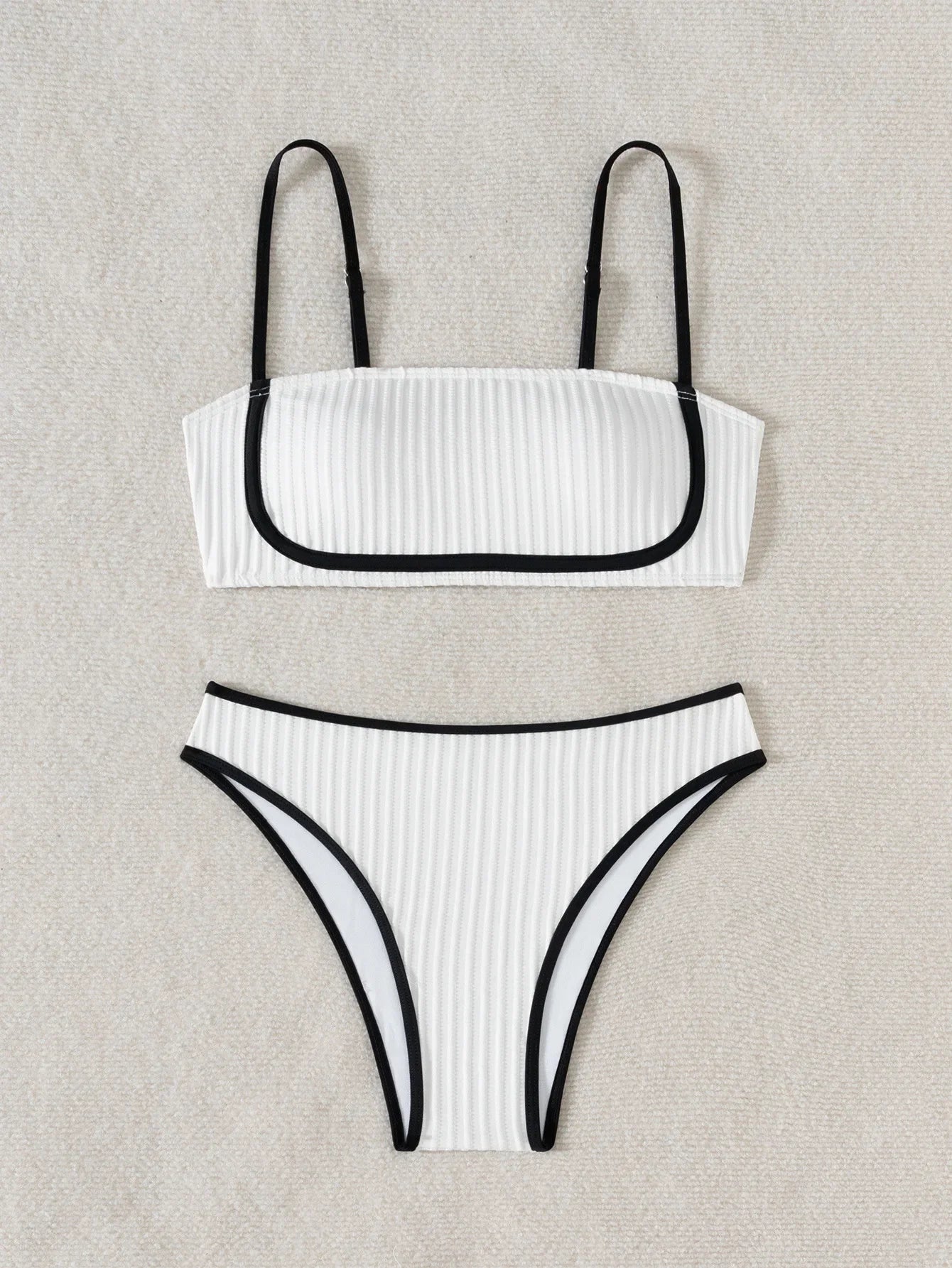 2025 Rib Piping Bandeau High-Rise Bottoms Bikini Set Trendy Beachwear Straight Neckline High Rise Swimwear Swimsuit Bathing Suit - -