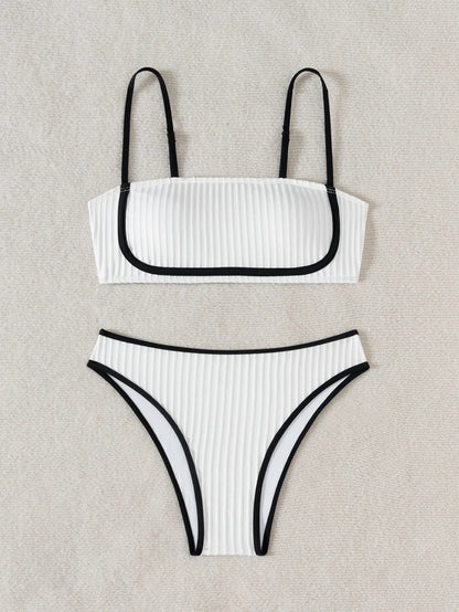 2025 Rib Piping Bandeau High-Rise Bottoms Bikini Set Trendy Beachwear Straight Neckline High Rise Swimwear Swimsuit Bathing Suit - -
