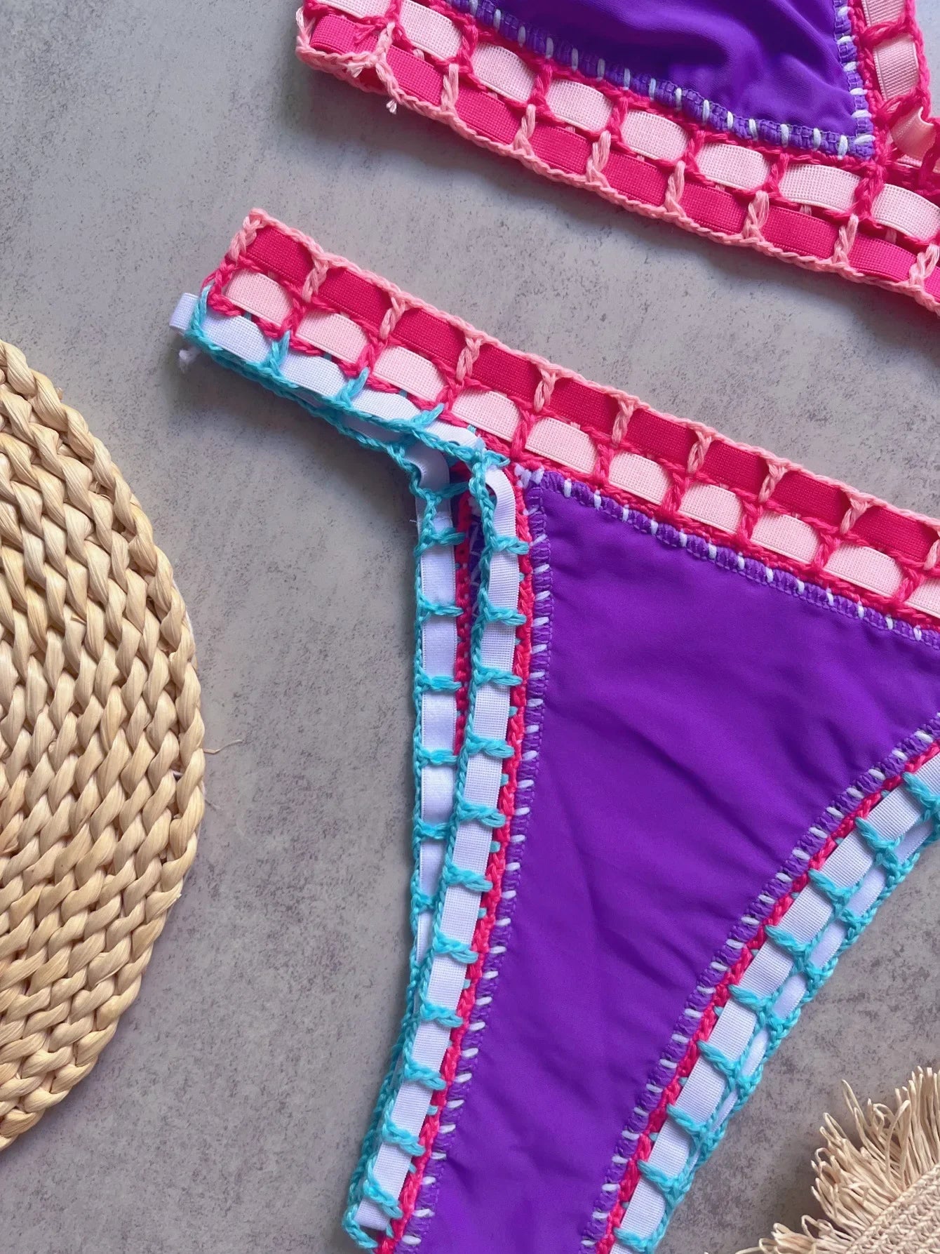 Sexy Black Patchwork Hand Crochet Bikini Set Women 2026 V Neck Push Up Bra Thong Swimsuit Beach Bathing Suit Knitted Swimwear - -