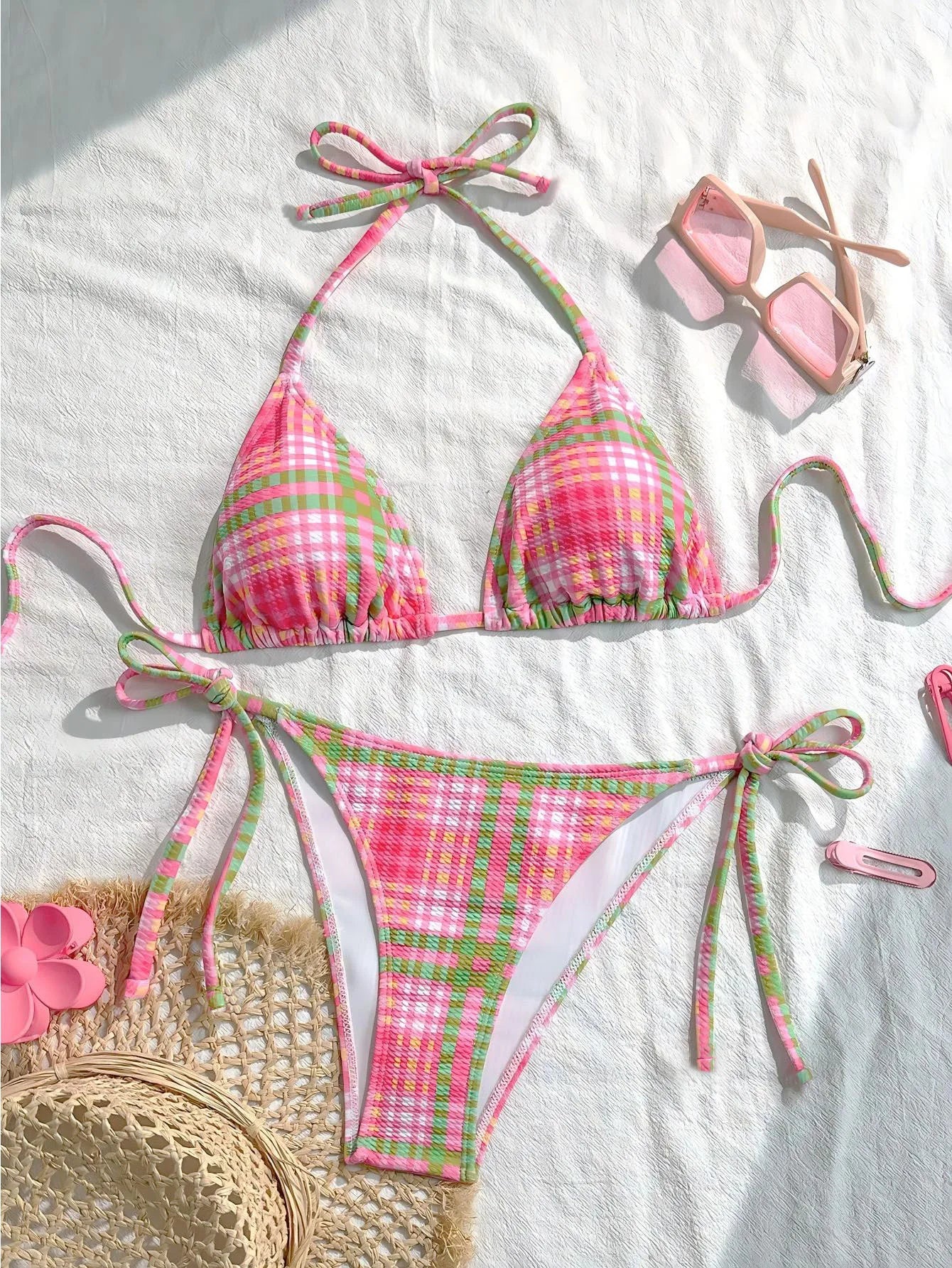 Sexy Pink Striped Micro Bikini 2026 Women Halter Push Up Bra Tie Side Thong Swimwear Bathing Suit Vacation Swimsuit Biquini - -
