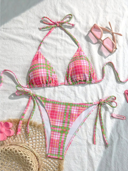 Sexy Pink Striped Micro Bikini 2026 Women Halter Push Up Bra Tie Side Thong Swimwear Bathing Suit Vacation Swimsuit Biquini - -