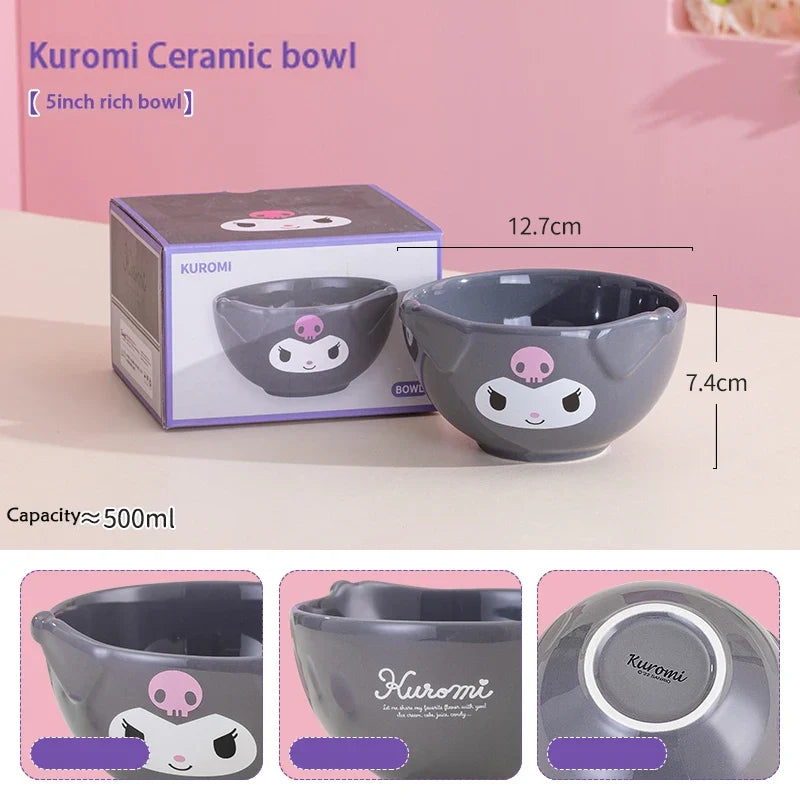 For Sanrio 5Inches Ceramic Rice Bowls Home Cute for Melody& Cinnamoroll& Kuromi Tableware Cartoon Anime Relief Bowl for Children - Kuromi -