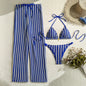 Vintage Red Striped Bikini Set 2026 Women Drawstring Long Panties 3 Piece Swimsuit Beach Holiday Bathing Suit Thong Swimwear - Blue -