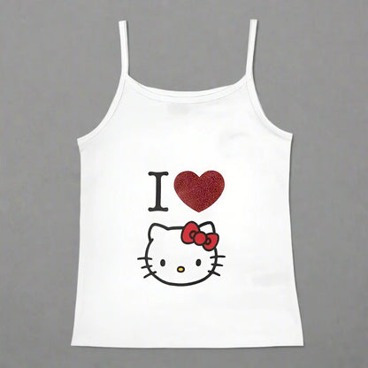Y2K Hello Kitty Crop Top – Emo Girls Vintage Punk Tank - 37961- White - casualwear