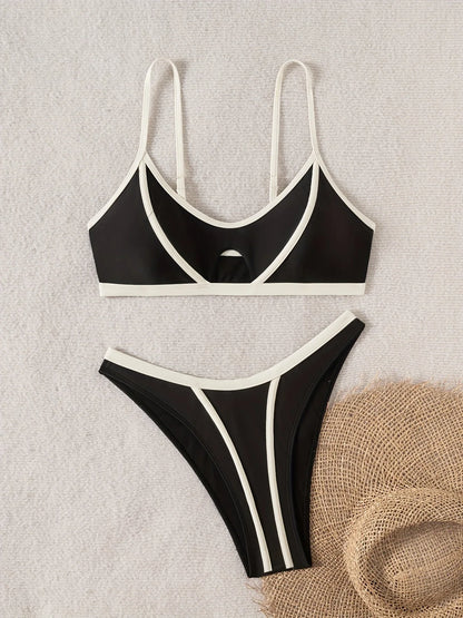 Sexy Black White Patchwork Bikini Set Women Hollow Out Push Up Bra Thong Swimwear 2026 Beach Holiday Bathing Suit Micro Swimsuit - -
