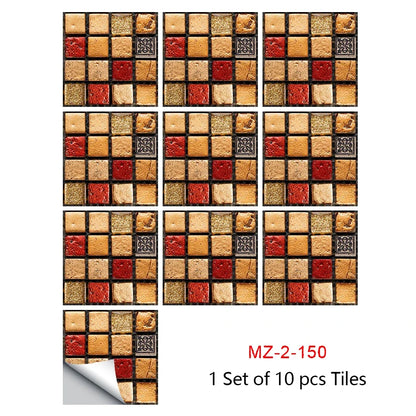 10pcs Mosaic Hard Tiles Sticker 2d Peel & Stick red gold