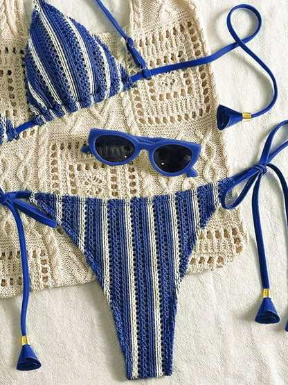 Sexy Orange Striped Bikini Set 2026 Women Halter Push Up Bra Tassel Bandage Thong Swimsuit Summer Holiday Bathing Suit Swimwear - -