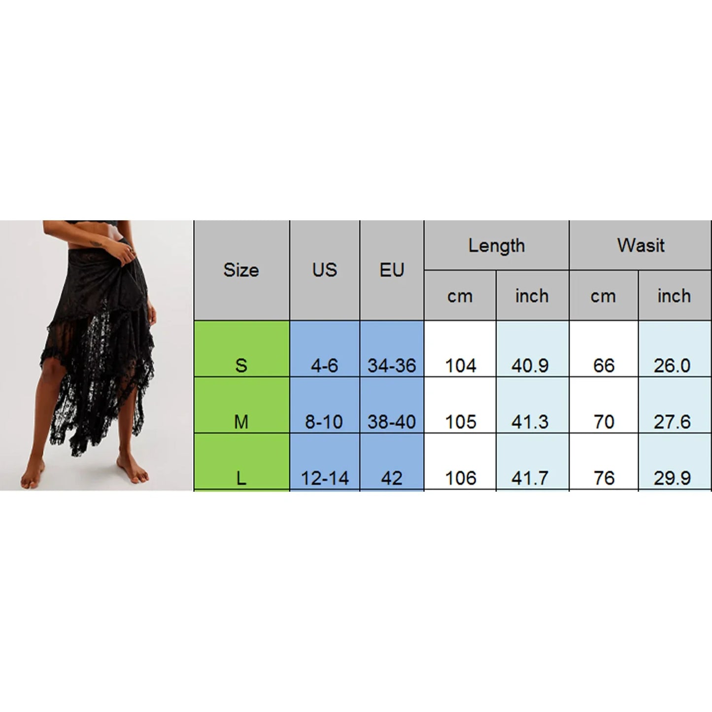 Vintage Lace Flower Women Midi Skirts Elastic High Waist Skirts Spring Summer Chic Irregular Hem Casual Female Skirts - -