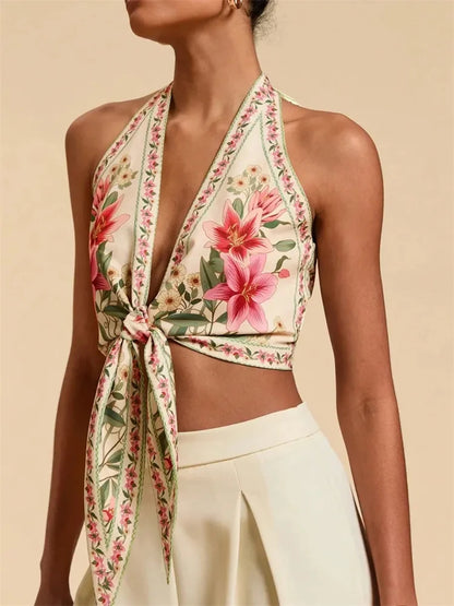 Sexy Knot Front Halter Crop Top for Women Summer Sleeveless Graphic Floral Printed V-neck Backless Tank Top Y2K Clothes - -