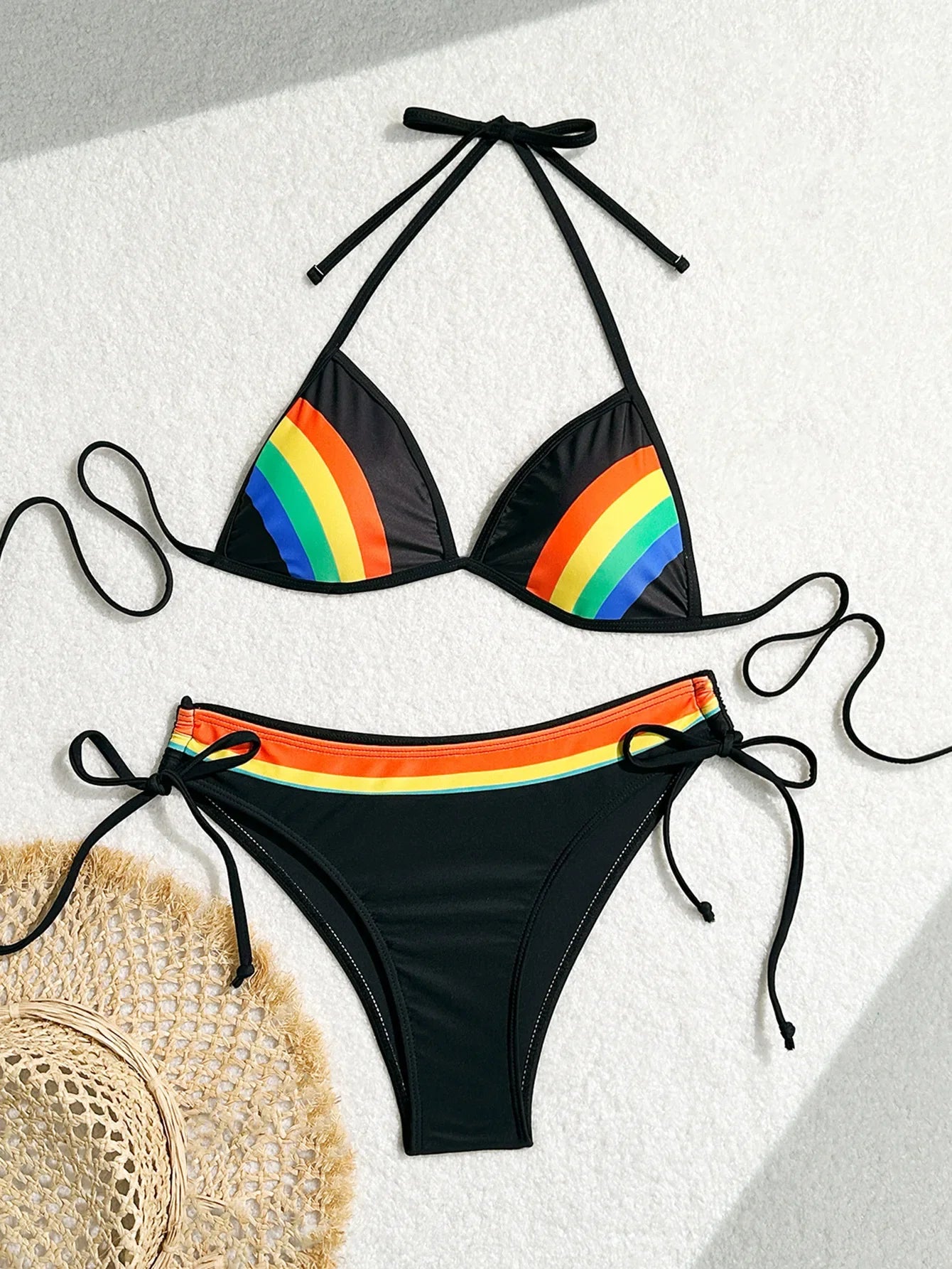 Women's Rainbow Color Bikini Set Sexy Beach Vacation Backless 2 Piece Swimsuit 2024 Summer Bathing Suit Bra Push Up Swimwear - -