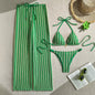 Vintage Red Striped Bikini Set 2026 Women Drawstring Long Panties 3 Piece Swimsuit Beach Holiday Bathing Suit Thong Swimwear - green -
