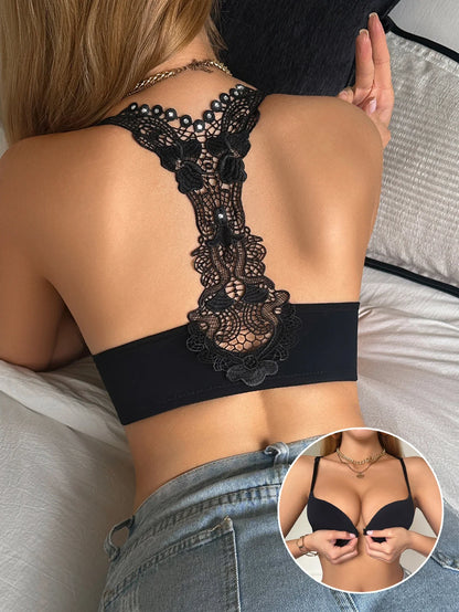 French Lace Rhinestone Detail Backless Women's Sexy bra Front Buckle padded push-up lining Seamless Women's Underwear - black -