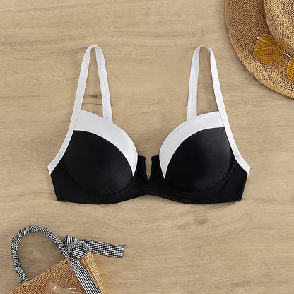Sexy Black White Patchwork Bikini 2024 Women Halter V Underwire Push Up Micro Swimsuit Beach Bathing Suit High Waist Swimwear - -