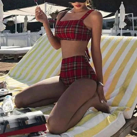 Striped Bow High Waist Two-Piece Bikini Set - - Women's Swimwear