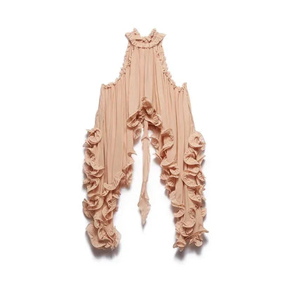 Elegant Ruffle Mini Skirt Set Women Sleeveless Halter Irregular Ruffles Top Mini Loose Short Skirts Sets 2025 Summer Lady Suit - top -