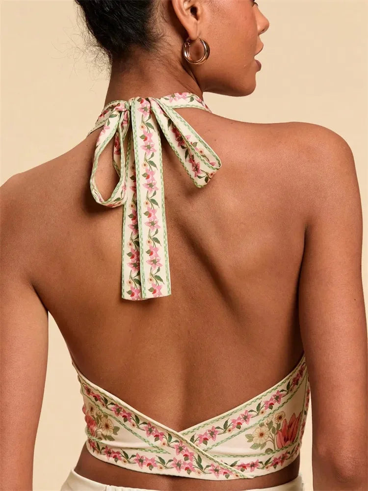 Sexy Knot Front Halter Crop Top for Women Summer Sleeveless Graphic Floral Printed V-neck Backless Tank Top Y2K Clothes - -