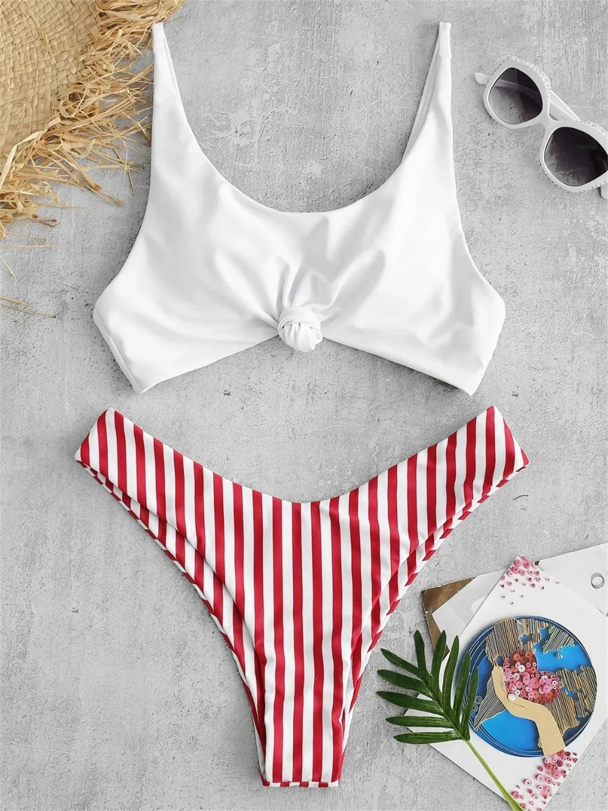Sexy Micro Bikini 2025 Women Swimsuit Scoop Neck Striped Swimwear Knot Bow Fringe Summer Beachwear Bathing Suit Push Up Biquini - red -