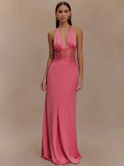Mozision Backless Maxi Dress Lace Deep V Neck Sleeveless High Waist - Pink - dress