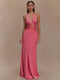 Mozision Backless Maxi Dress Lace Deep V Neck Sleeveless High Waist - Pink - dress